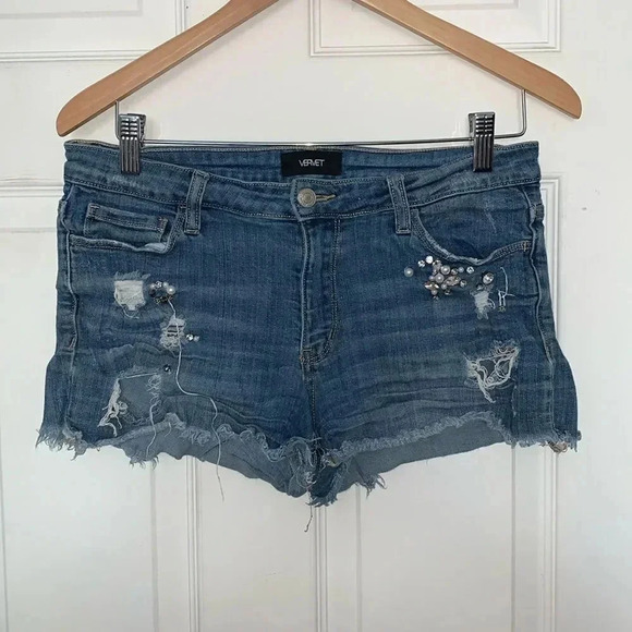 Vervet Rhinestone Denim Cut Off Shorts - Picture 1 of 7